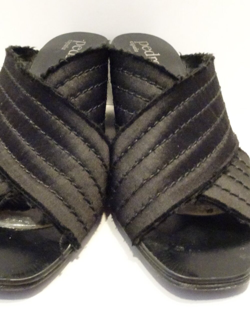 Pedro Garcia Black Satin Crisscross Sandal Block Heel Peep Toe Size 37.5 EU